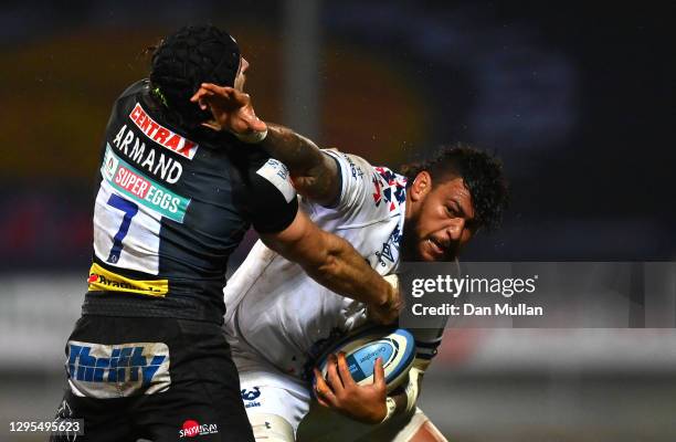 Nathan Hughes of Bristol Bears hands off Don Armand of Exeter Chiefs during the Gallagher Premiership Rugby match between Exeter Chiefs and Bristol...