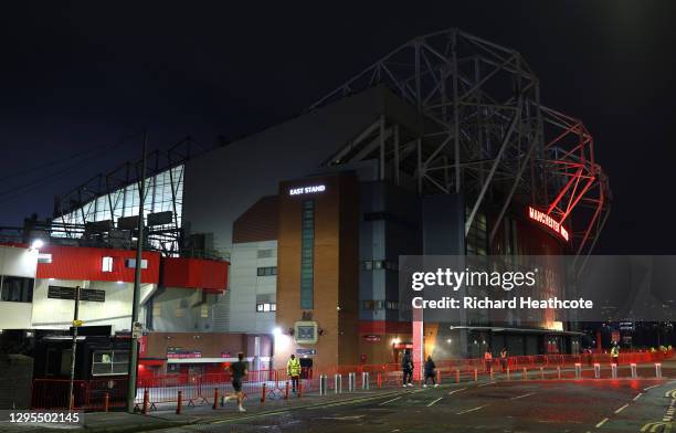 General view outside the stadium prior to the FA Cup Third Round match between Manchester United and Watford at Old Trafford on January 09, 2021 in...
