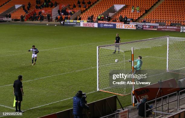 Kyle Edwards of West Bromwich Albion has his penalty saved by Chris Maxwell of Blackpool during the FA Cup Third Round match between Blackpool and...