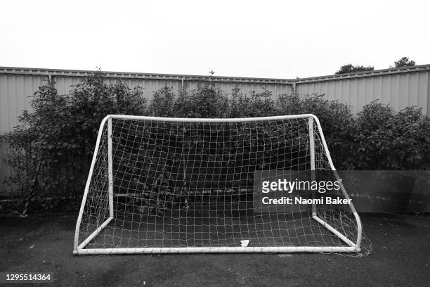 General view outside the stadium as a spare goal is seen ahead of the FA Cup Third Round match between Oldham Athletic and AFC Bournemouth at...