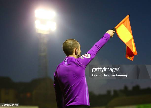 The linesman raising his flag for an offside during the Sky Bet League Two match between Southend United and Barrow at Roots Hall on January 09, 2021...