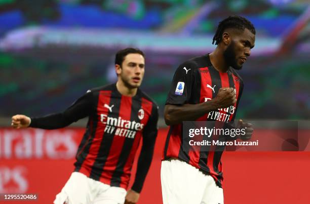 Franck Kessie of Milan celebrates after scoring their sides second goal form the penalty spot during the Serie A match between AC Milan and Torino FC...