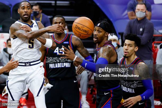 Will Barton of the Denver Nuggets passes during the first quarter against the Philadelphia 76ers at Wells Fargo Center on January 09, 2021 in...