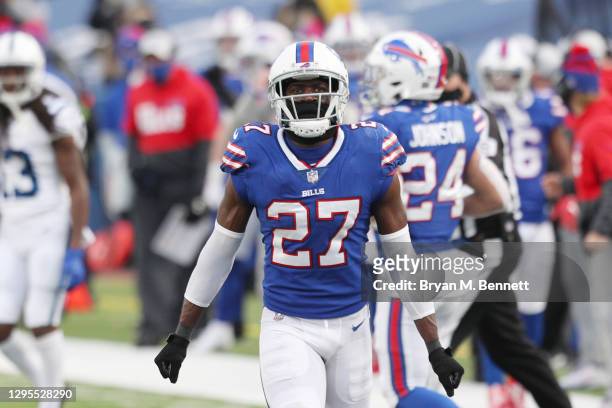 Tre'Davious White of the Buffalo Bills celebrates after breaking up a pass during the second half of the AFC Wild Card playoff game against the...