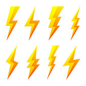 Yellow lightning bolt icons isolated on white background. Flash symbol, thunderbolt. Simple lightning strike sign. Vector illustration