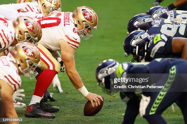 Offensive guard Daniel Brunskill of the San Francisco 49ers prepares to snap the football against the Seattle Seahawks during the second half of the...