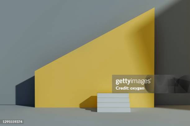 abstract 3d rendering minimal concept scene geometric shapes. white stairs podium yellow grey backgrounds - yellow room stock pictures, royalty-free photos & images