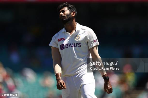 Jasprit Bumrah of India reats after bowling an over during day four of the Test match in the series between Australia and India at Sydney Cricket...
