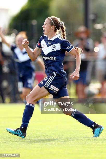 Amy Jackson of Melbourne Victory celebrates her goal during the round three W-League match between Melbourne City and the Melbourne Victory at CB...