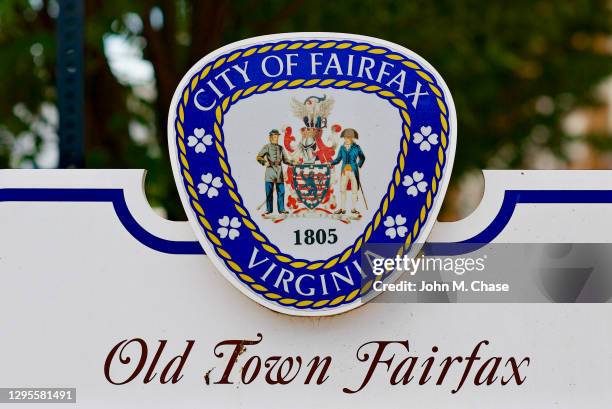 city of fairfax coat of arms, old town fairfax sign - fairfax stock pictures, royalty-free photos & images