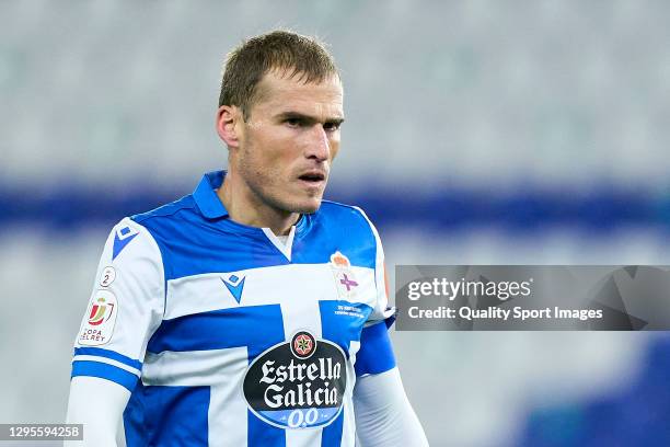 Alex Bergantinos of Deportivo de La Coruna reacts during Copa del Rey Second Round Match between RC Deportivo de La Coruna and Deportivo Alaves at...