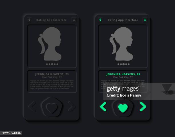 mobile dating app user interface design template in clean and modern skeuomorphism or neumorphism ui / ux style in dark night mode - computer dashboard stock illustrations
