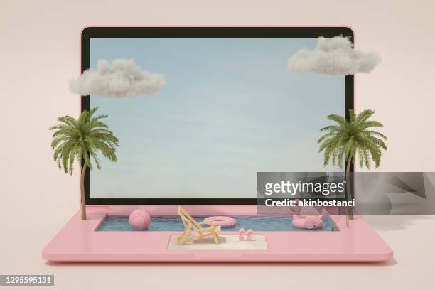 laptop schwimmbad, sommerferien und reisekonzept - flamingos stock-fotos und bilder