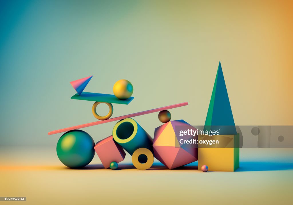 Abstract Geometric Elements Background. 3D Rendering Objects Shapes: spheres, cone, tube, box. Minimalism Still Life Style