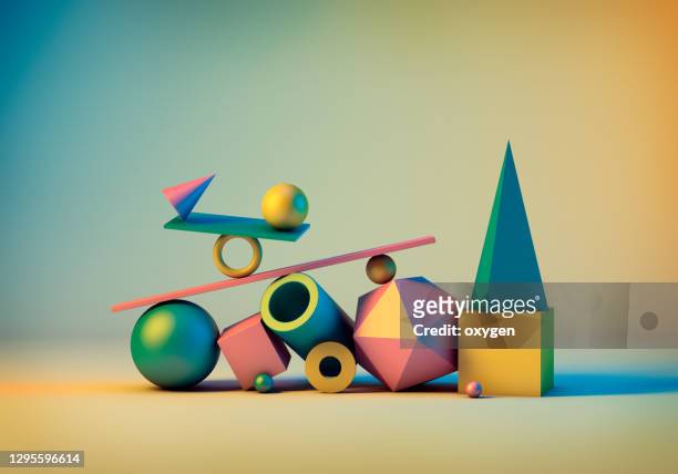 abstract geometric elements background. 3d rendering objects shapes: spheres, cone, tube, box. minimalism still life style - kreativität stock-fotos und bilder