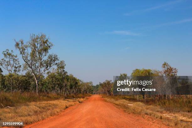 the red centre roads in the australian outback. unsealed roads. - darwin australia 個照片及圖片檔