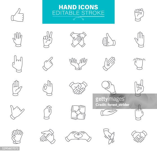hand gestures icons editable stroke. contains such icons as charity and relief work, finger, greeting, handshake, a helping hand - thumbs up stock illustrations