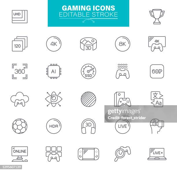 gaming icons. editable stroke. contains such icons as video game, mobile game, device, gaming console, virtual reality, raytracing - virtual games icons stock illustrations