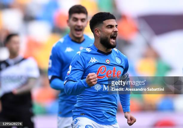 Lorenzo Insigne of SSC Napoli celebrates after scoring their side's first goal during the Serie A match between Udinese Calcio and SSC Napoli at...