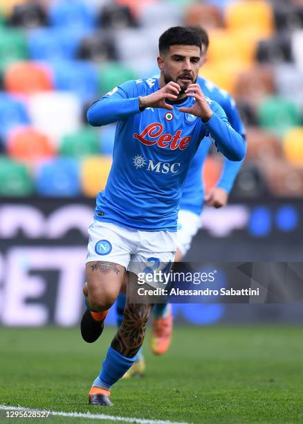 Lorenzo Insigne of SSC Napoli celebrates after scoring their side's first goal during the Serie A match between Udinese Calcio and SSC Napoli at...