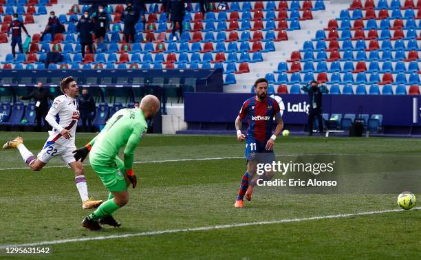 Jose Luis Morales of Levante scores their side's second goal past Marko Dmitrovic of SD Eibar during the La Liga Santander match between Levante UD...