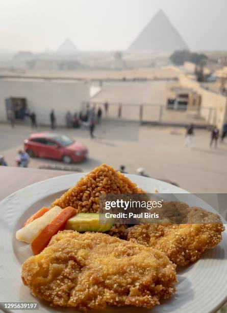 schnitzel with piramid rice in front of the pyramids, giza, egypt - schnitzel stock pictures, royalty-free photos & images