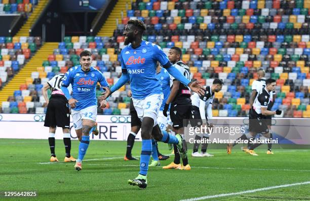 Tiemoue Bakayoko of S.S.C. Napoli celebrates after scoring their team's second goal during the Serie A match between Udinese Calcio and SSC Napoli at...