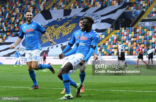 Tiemoue Bakayoko of S.S.C. Napoli celebrates after scoring their team's second goal during the Serie A match between Udinese Calcio and SSC Napoli at...
