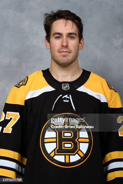 U2013 JANUARY 04: John Moore of the Boston Bruins poses for his official headshot for the 2020-2021 season on January 4, 2021 at the Warrior Ice...