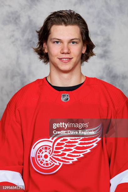 Moritz Seider of the Detroit Red Wings poses for his official headshot for the 2020-2021 season at Center Ice Arena on September 12, 2019 in Traverse...