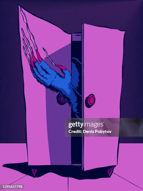 hand-drawn illustration - monster in the closet. - wardrobe stock illustrations