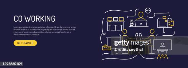 co-working space related web banner line style. modern linear design vector illustration for web banner, website header etc. - games room stock illustrations stock illustrations