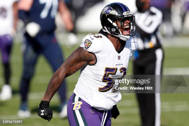 Defensive end Jihad Ward of the Baltimore Ravens reacts following a play during the second quarter of their AFC Wild Card Playoff game against the...