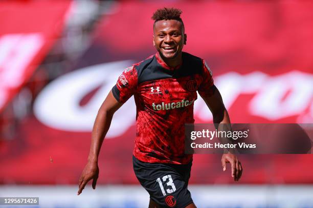 Michael Estrada of Toluca celebrates after scoring his team's third goal during the 1st round match between Toluca and Queretaro as part of the...