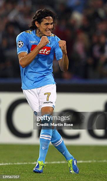 Edinson Cavani of Naples celebrates his team's equalizing goal during the UEFA Champions League group A match between SSC Napoli and FC Bayern...