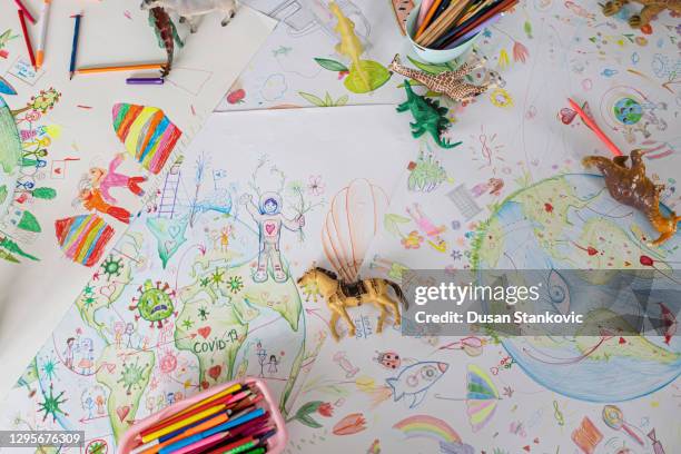 colorful picture made by children. - messy room cartoon stock pictures, royalty-free photos & images