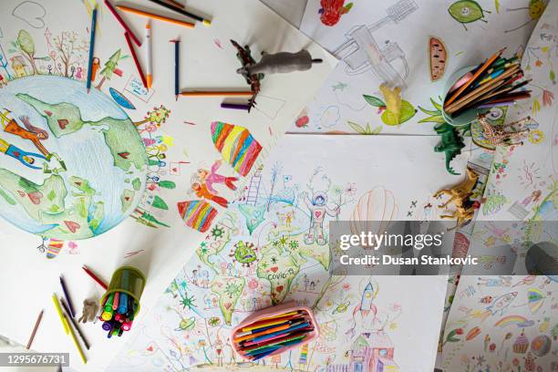 colorful picture made by children. - messy room cartoon stock pictures, royalty-free photos & images
