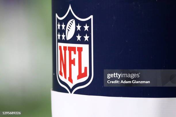 Logo for the NFL is seen during a game between the New England Patriots and the Buffalo Bills at Gillette Stadium on December 28, 2020 in Foxborough,...