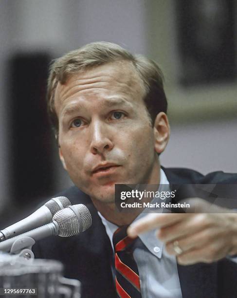 Neil Bush testifies on day two at the House Banking, Finance & Urban Affairs Committee hearings about his role in the $1 billion failure of the...