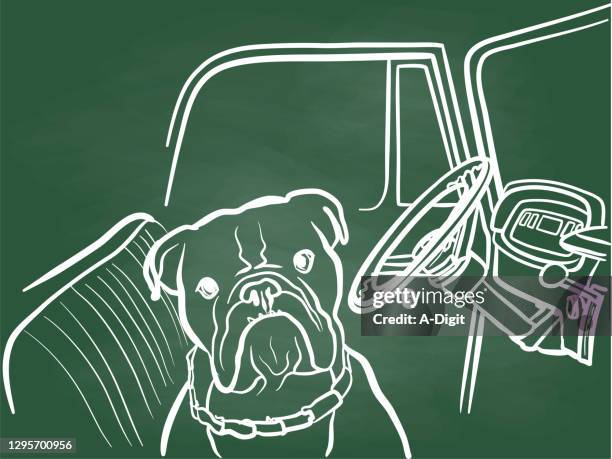 bulldog guarding the truck chalkboard - car door stock illustrations