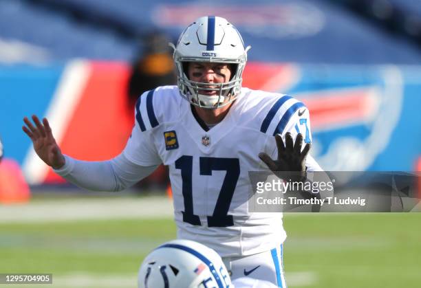 Philip Rivers of the Indianapolis Colts calls a play against the Buffalo Bills at Bills Stadium on January 9, 2021 in Orchard Park, New York.