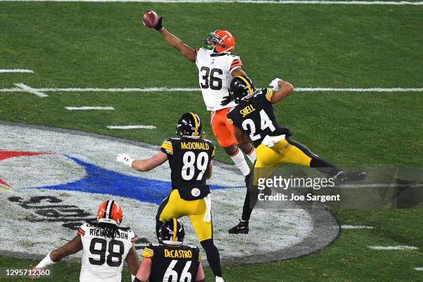 Stewart of the Cleveland Browns intercepts a pass during the first half of the AFC Wild Card Playoff game against the Pittsburgh Steelers at Heinz...