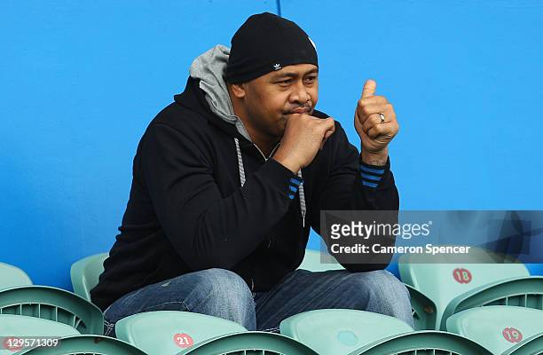 Former All Black, Jonah Lomu gives the thumbs up from the stands during an Australia IRB Rugby World Cup 2011 training session at North Harbour...