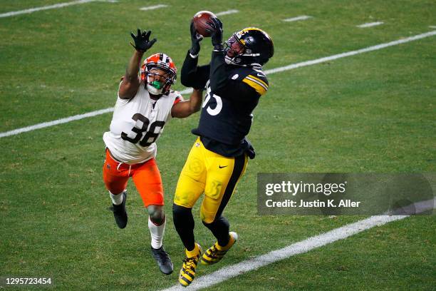 Eric Ebron of the Pittsburgh Steelers catches a pass for a touchdown in front of M.J. Stewart of the Cleveland Browns during the second half of the...