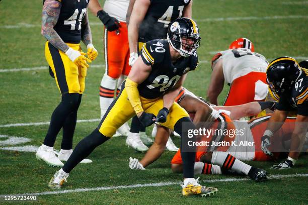 Watt of the Pittsburgh Steelers reacts to a defensive stop during the second half of the AFC Wild Card Playoff game against the Cleveland Browns at...