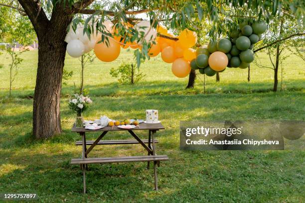 festive table and decoration in nature ii - empty bench with ballon stock-fotos und bilder