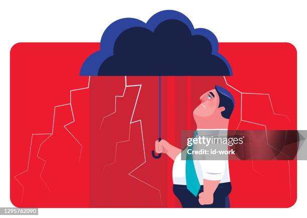 sad businessman with black cloud - caught in rain stock illustrations