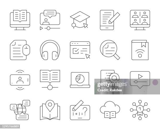 online education - thin line icons - live event icon stock illustrations