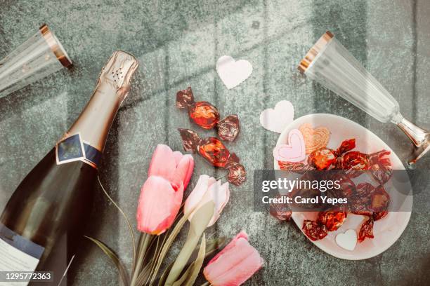 valentines  day flat lay concept - covered food with wine stock pictures, royalty-free photos & images