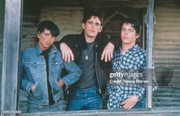 Ralph Macchio, Matt Dillon and C. Thomas Howell on the set of "The Outsiders".